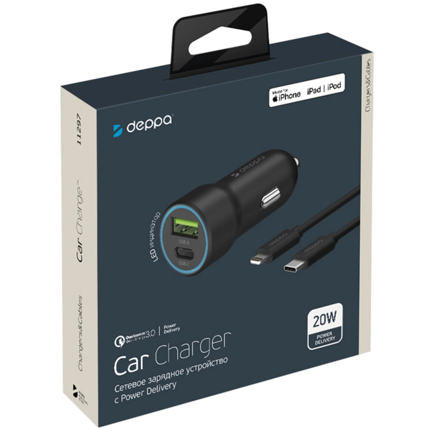 Автомобильное зарядное устройство Deppa 20W USB-A/USB-C 11297 Black фото 2